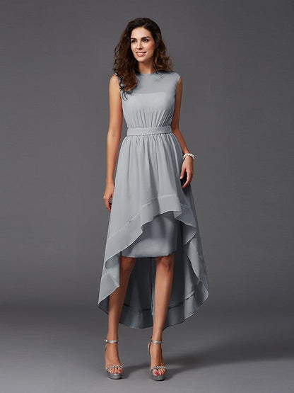 Chic Sash/Ribbon/Belt Sleeveless High Low Chiffon Bridesmaid Dresses