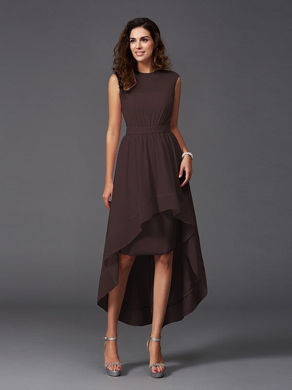 Chic Sash/Ribbon/Belt Sleeveless High Low Chiffon Bridesmaid Dresses