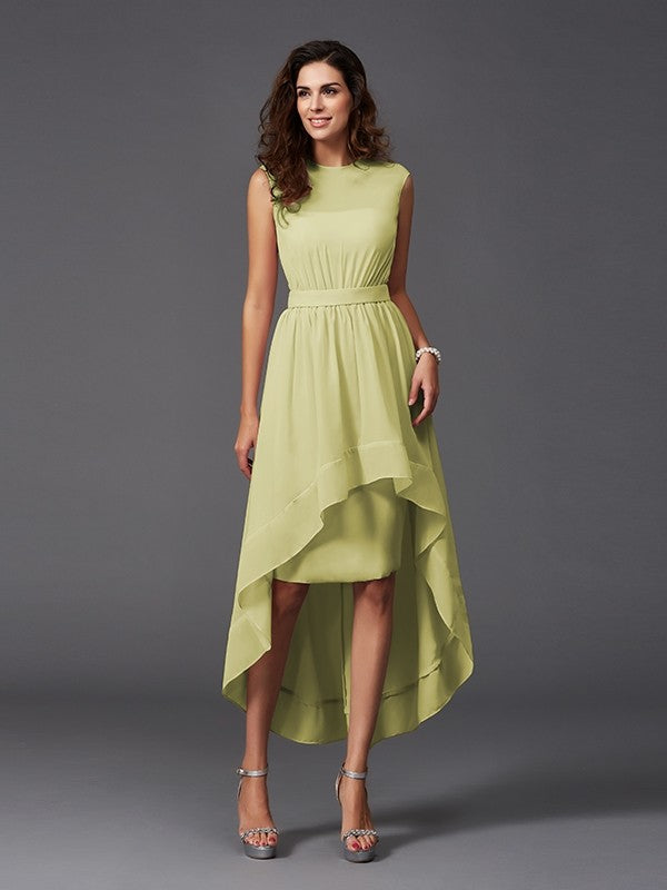 Chic Sash/Ribbon/Belt Sleeveless High Low Chiffon Bridesmaid Dresses