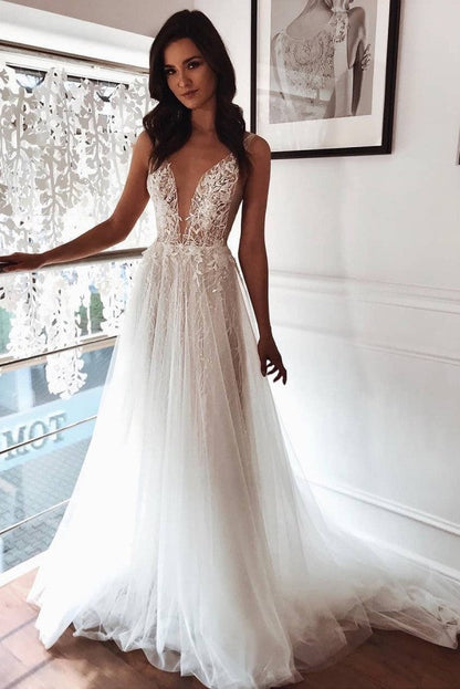 Chic Tulle A line Ivory Lace V neck Summer Beach Wedding Dress