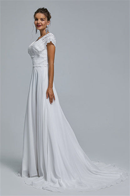 Chiffon A-line Portrait V-neck Applique Floor-length Sleeveless Wedding Dress Cover