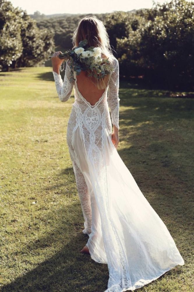 Classic Beach Long Sleevess Backless Lace Beach Wedding Dress Simple Summer Casual Bridal Gowns Online