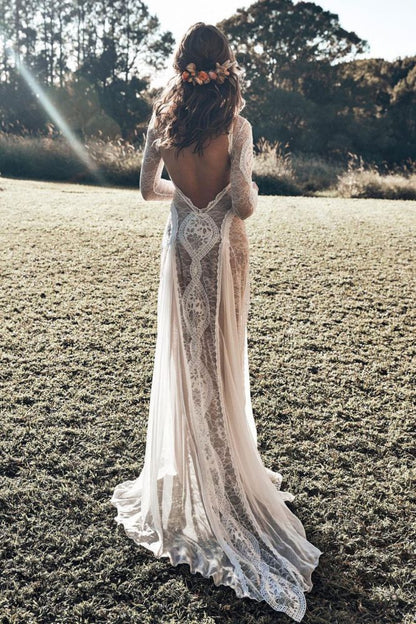 Classic Beach Long Sleevess Backless Lace Beach Wedding Dress Simple Summer Casual Bridal Gowns Online