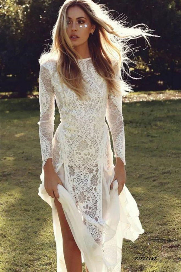 Classic Beach Long Sleevess Backless Lace Beach Wedding Dress Simple Summer Casual Bridal Gowns Online