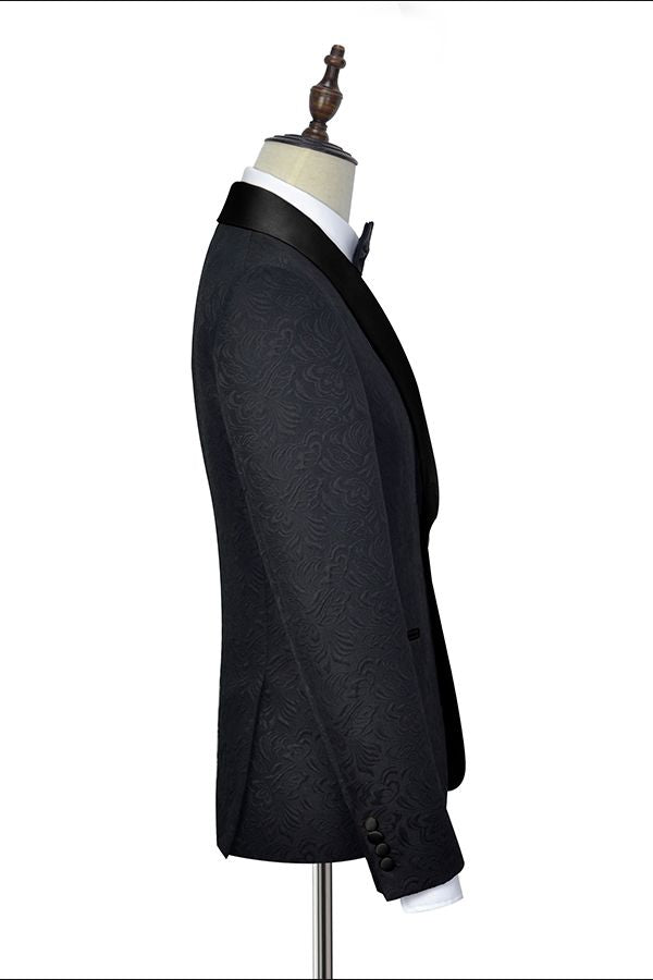 Classic Black Jacquard Wedding Tuxedo for Men Shawl Lapel Silk One Button Wedding Suits