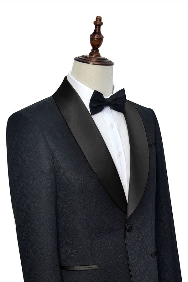 Classic Black Jacquard Wedding Tuxedo for Men Shawl Lapel Silk One Button Wedding Suits