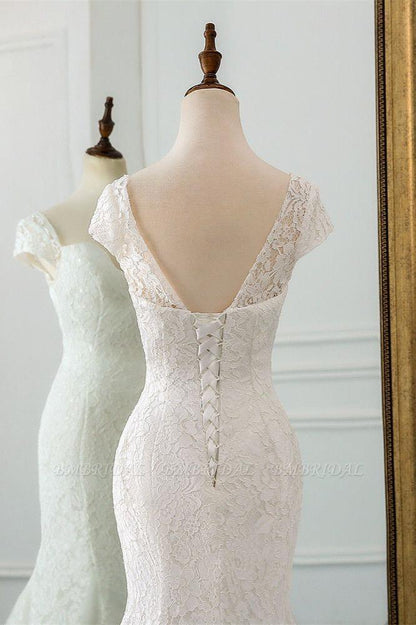 Classic Cap Sleeve Aweetheart Floral Lace Slim Mermaid Wedding Dress Lace up Wedding Party