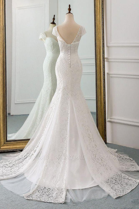 Classic Cap Sleeve Aweetheart Floral Lace Slim Mermaid Wedding Dress Lace up Wedding Party