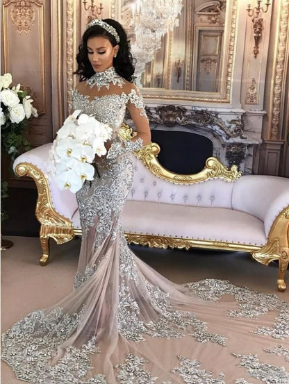 Classic High neck Long Sleevess Mermaid Wedding Dress Silver Tulle Bridal Gowns with Lace Appliques