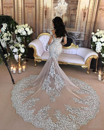 Classic High neck Long Sleevess Mermaid Wedding Dress Silver Tulle Bridal Gowns with Lace Appliques