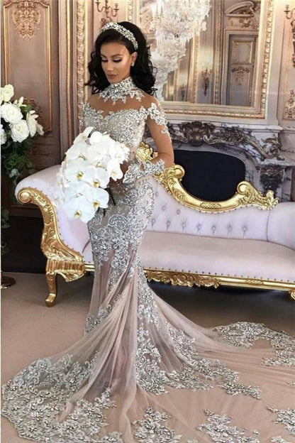 Classic High neck Long Sleevess Mermaid Wedding Dress Silver Tulle Bridal Gowns with Lace Appliques