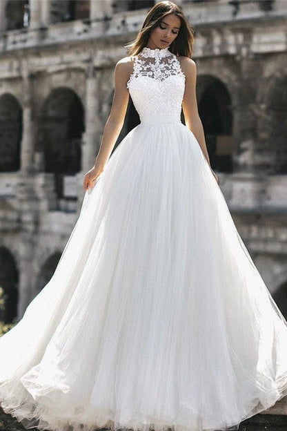 Classic High Neck Sleeveless Appliques A Line Floor Length Wedding Dresses