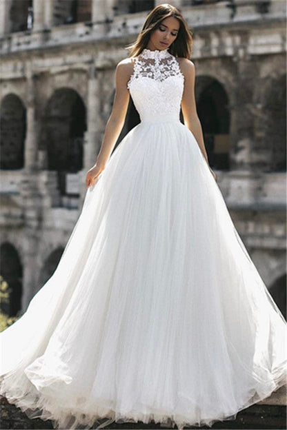 Classic High Neck Sleeveless Appliques A Line Floor Length Wedding Dresses