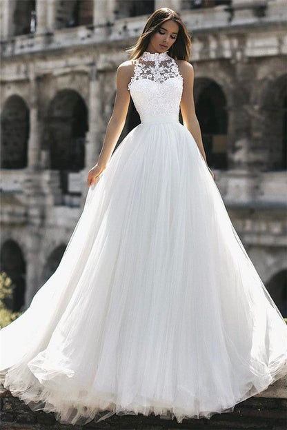 Classic High Neck Sleeveless Appliques A Line Floor Length Wedding Dresses