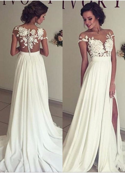 Classic Lace Appliques Wedding Dress Long Chiffon Split