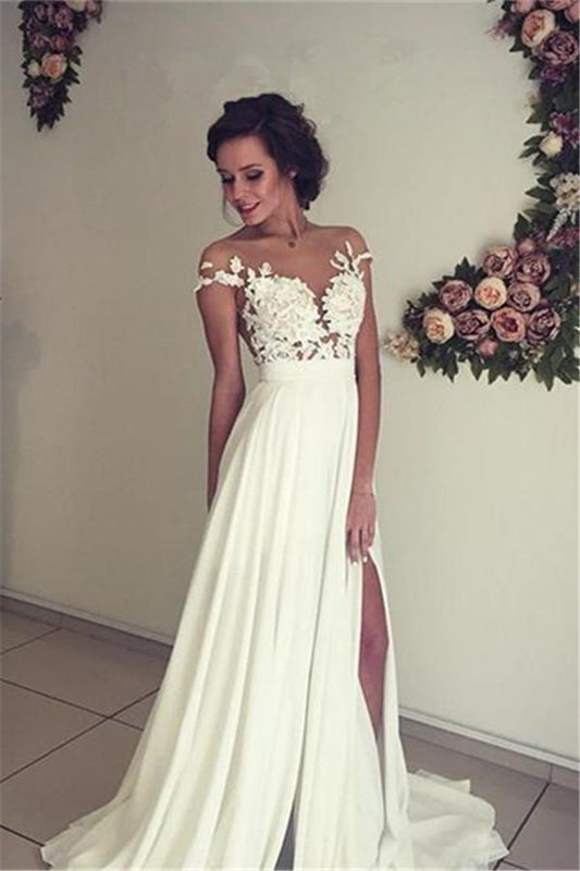 Classic Lace Appliques Wedding Dress Long Chiffon Split