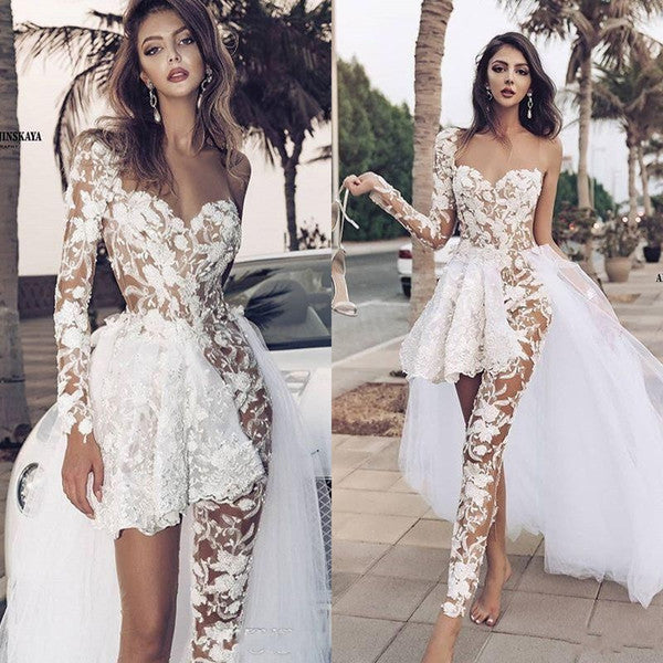 Classic Lace Jumpsuit Asymmetirc See through Overskirt White Wedding Dress