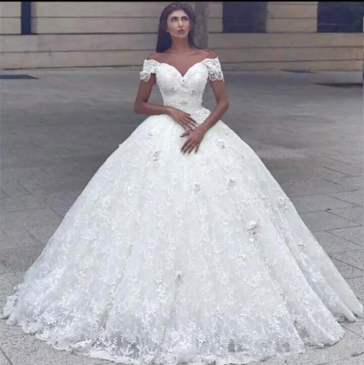 Classic Lace Off the shoulder White Lace Ball Gown Wedding Dress