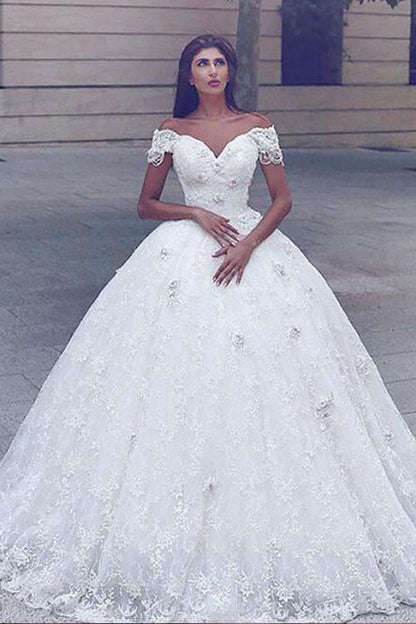 Classic Lace Off the shoulder White Lace Ball Gown Wedding Dress