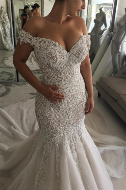 Classic Off the shoulder Sweetheart Pearl Mermaid Chapel Train Wedding Dress