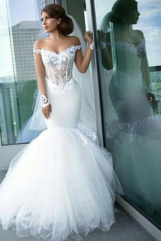 Classic Off the Shoulder Tulle Mermaid Appliques Long Sleeves Wedding Dress