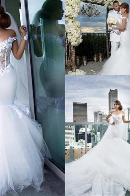 Classic Off the Shoulder Tulle Mermaid Appliques Long Sleeves Wedding Dress