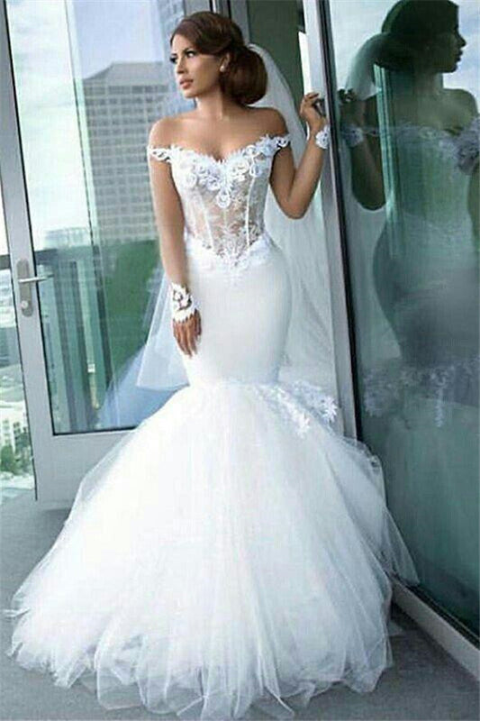 Classic Off the Shoulder Tulle Mermaid Appliques Long Sleeves Wedding Dress