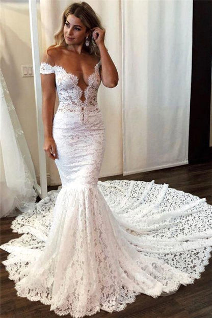 Classic Off the shoulder White Mermaid Wedding Dress