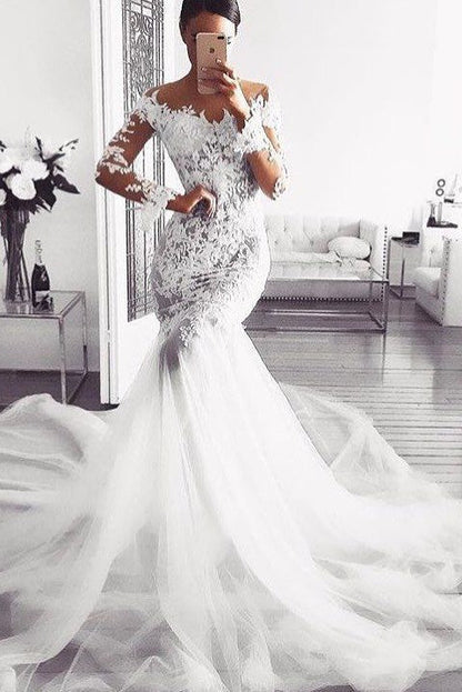 Classic Off the ShoulderWedding Dresses Long Sleevess Mermaid Lace Bridal Gowns