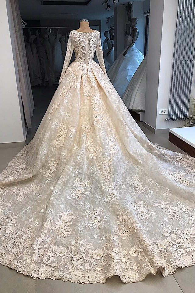 Classic Scoop Long Sleevess Appliques Ball Gown Wedding Dresses