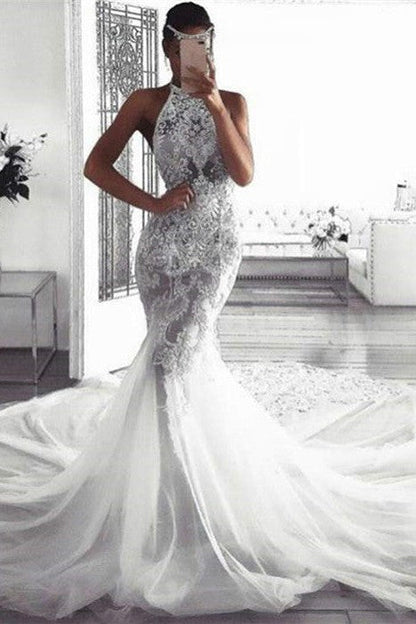 Classic Sleeveless Halter Wedding Dresses Modern Mermaid Tulle Bridal Dresses