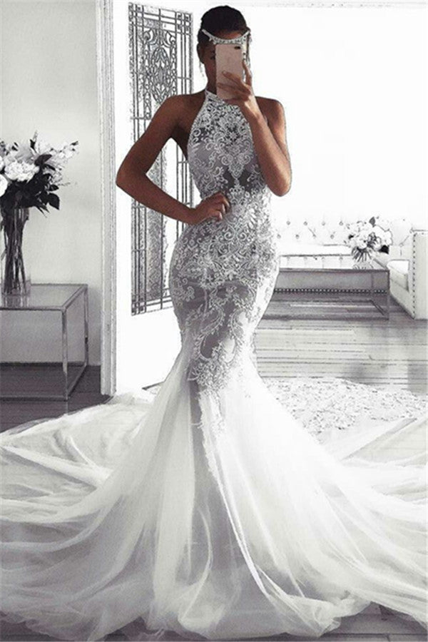 Classic Sleeveless Halter Wedding Dresses Modern Mermaid Tulle Bridal Dresses