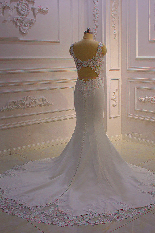 Classic Sleeveless Lace V neck Column White Court Train Wedding Dress