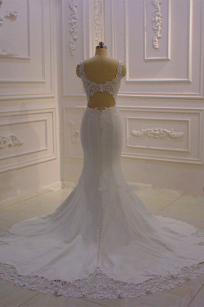 Classic Sleeveless Lace V neck Column White Court Train Wedding Dress