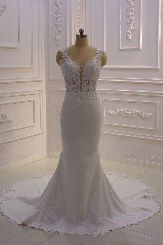 Classic Sleeveless Lace V neck Column White Court Train Wedding Dress