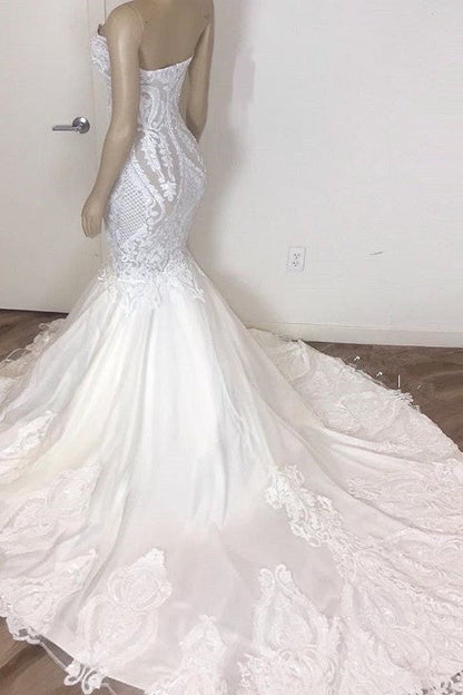 Classic Sleeveless Sweetheart Lace Appliques Mermaid Slim Bridal Wedding Dress