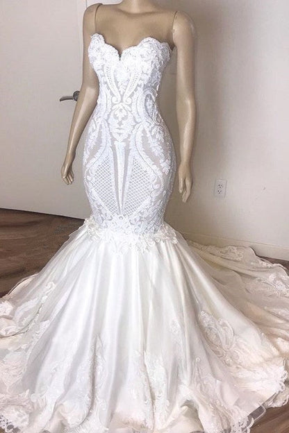 Classic Sleeveless Sweetheart Lace Appliques Mermaid Slim Bridal Wedding Dress