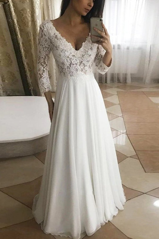 Classic V Neck Lace Wedding Dress Long Sleevess Garden Bridal Dress