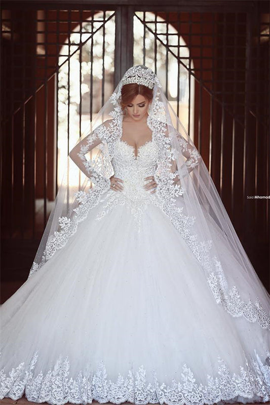 Classic White Lace Ball Gown Wedding Dress Popular Sweep Train Long Sleeves Bridal Gown