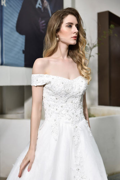 Classic White Lace Off the ShoulderLong Princess Wedding Dress with Beaded Lace Appliques