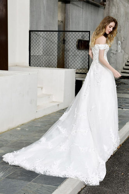 Classic White Lace Off the ShoulderLong Princess Wedding Dress with Beaded Lace Appliques