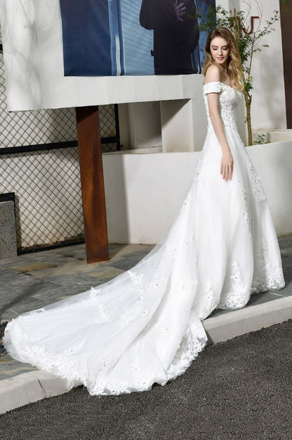 Classic White Lace Off the ShoulderLong Princess Wedding Dress with Beaded Lace Appliques