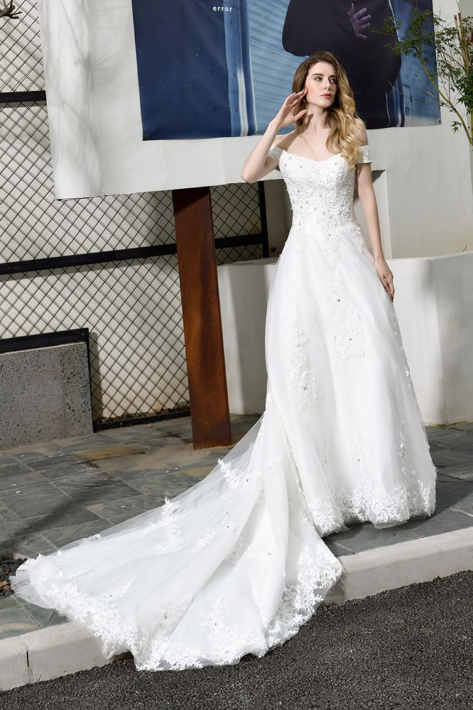 Classic White Lace Off the ShoulderLong Princess Wedding Dress with Beaded Lace Appliques