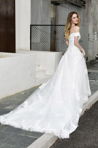 Classic White Lace Off the ShoulderLong Princess Wedding Dress with Beaded Lace Appliques