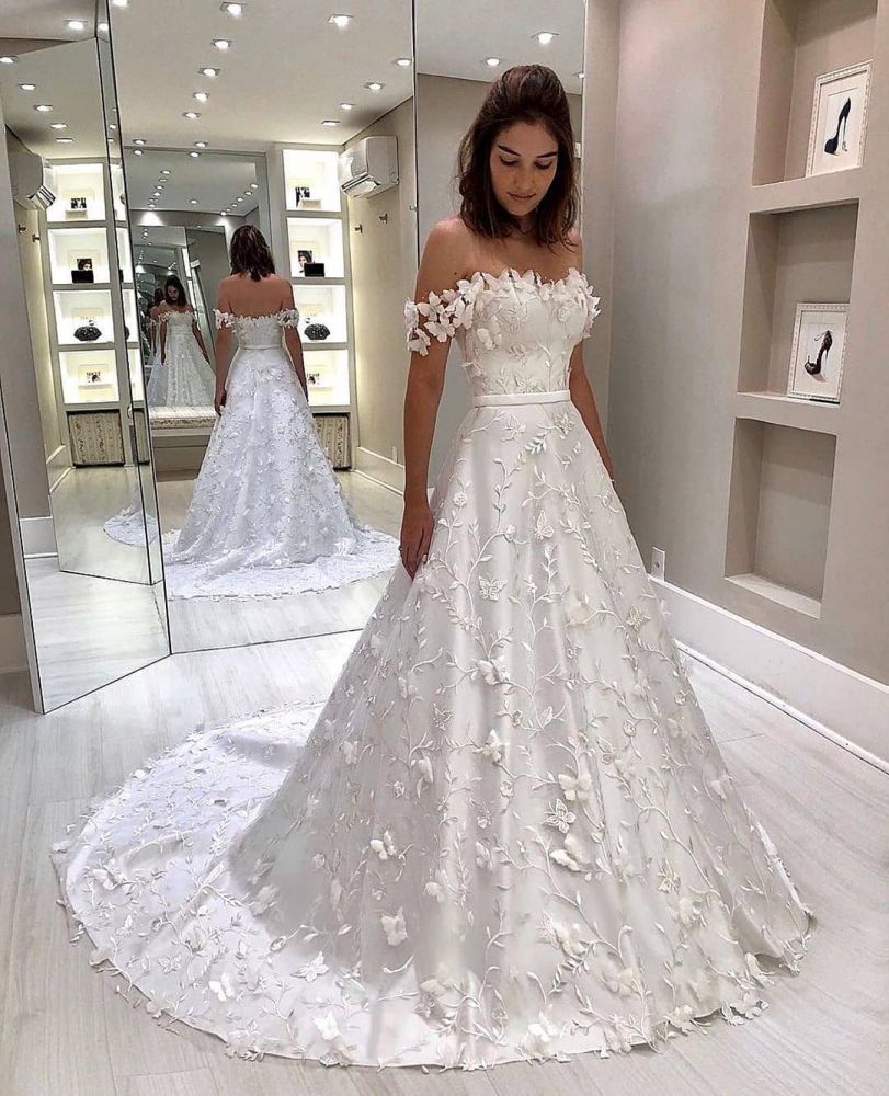 Classic White Strapless Off the shoulder Court Train Princess Wedding Dress