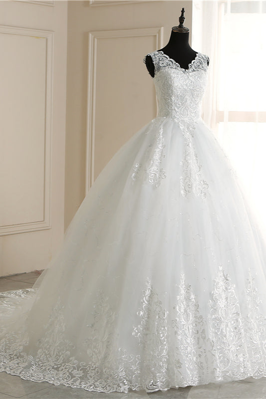 Classic White V neck Sleeveless Ball Gown Lace Wedding Dress