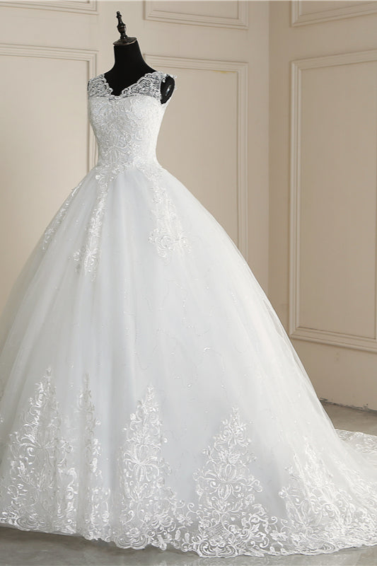 Classic White V neck Sleeveless Ball Gown Lace Wedding Dress