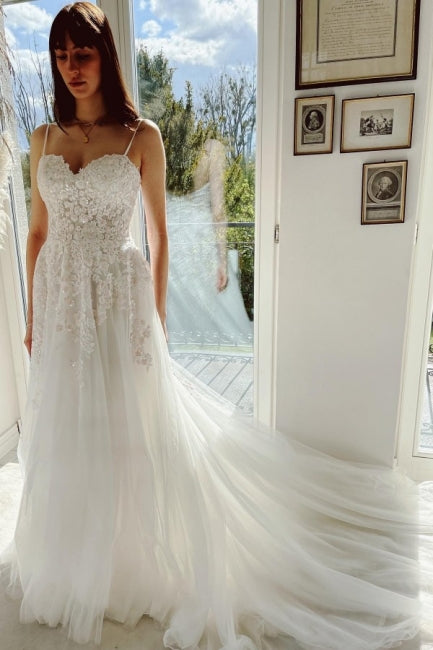 Classy Garden Spaghetti Straps A-Line Lace Wedding Dresses