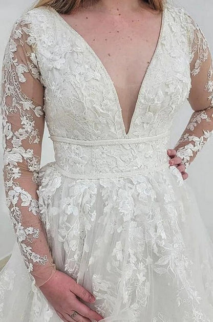 Classy Long Sleeves V-Neck Garden Lace A-Line Wedding Dresses