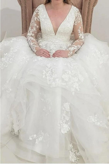 Classy Long Sleeves V-Neck Garden Lace A-Line Wedding Dresses